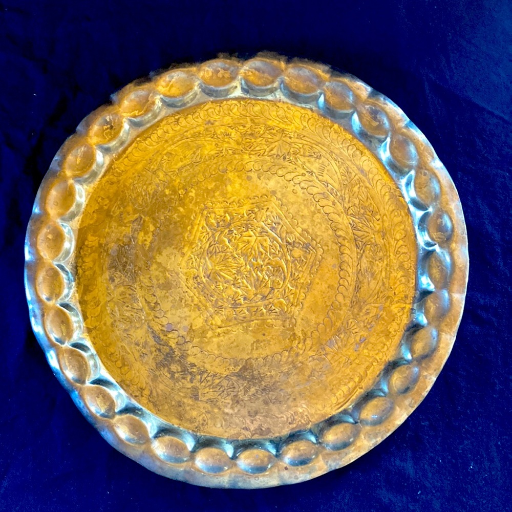 Vintage Engraved Round Brass Tray Large